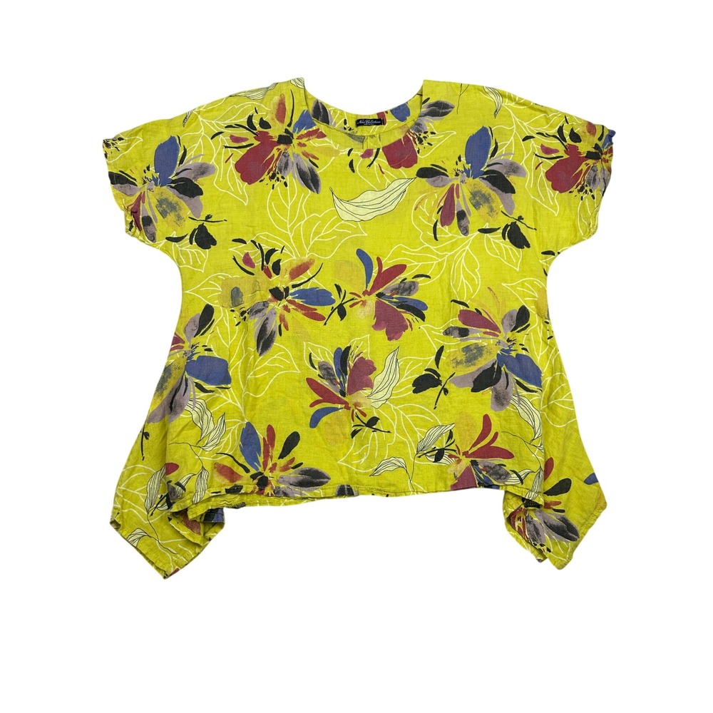 Nero Collection Italy Yellow Floral 100% Linen Sharkbite Hem Boxy Top Womens OS